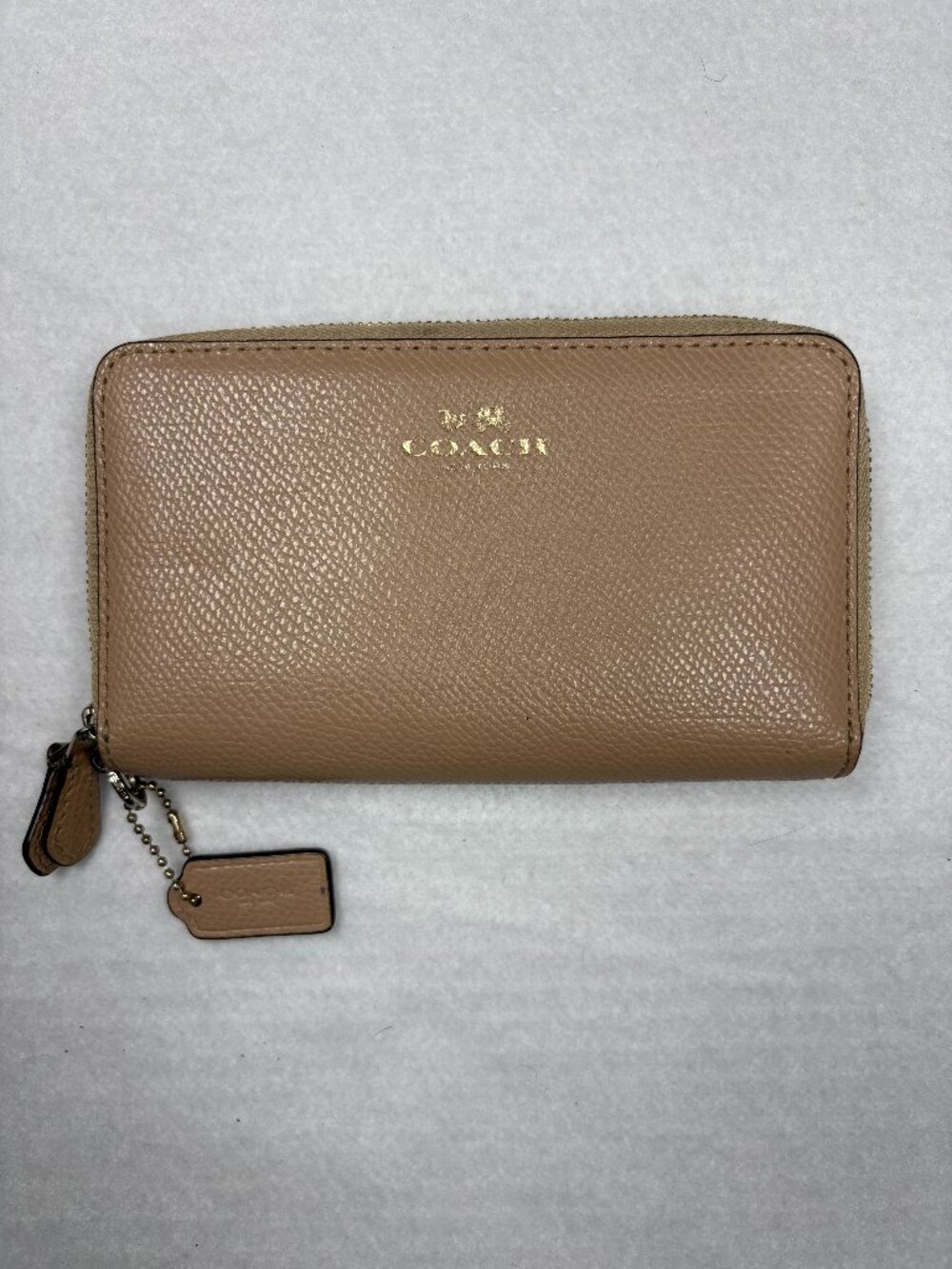COACH Double Zip Phone Wallet F53141 Taupe Crossgrain Leather Quiet Luxury Chic